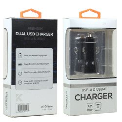 USB-A and USB-C 2.4A Dual 2 Port Car Charger for Phone, Tablet, Speaker, Electronic (Car - Black)
